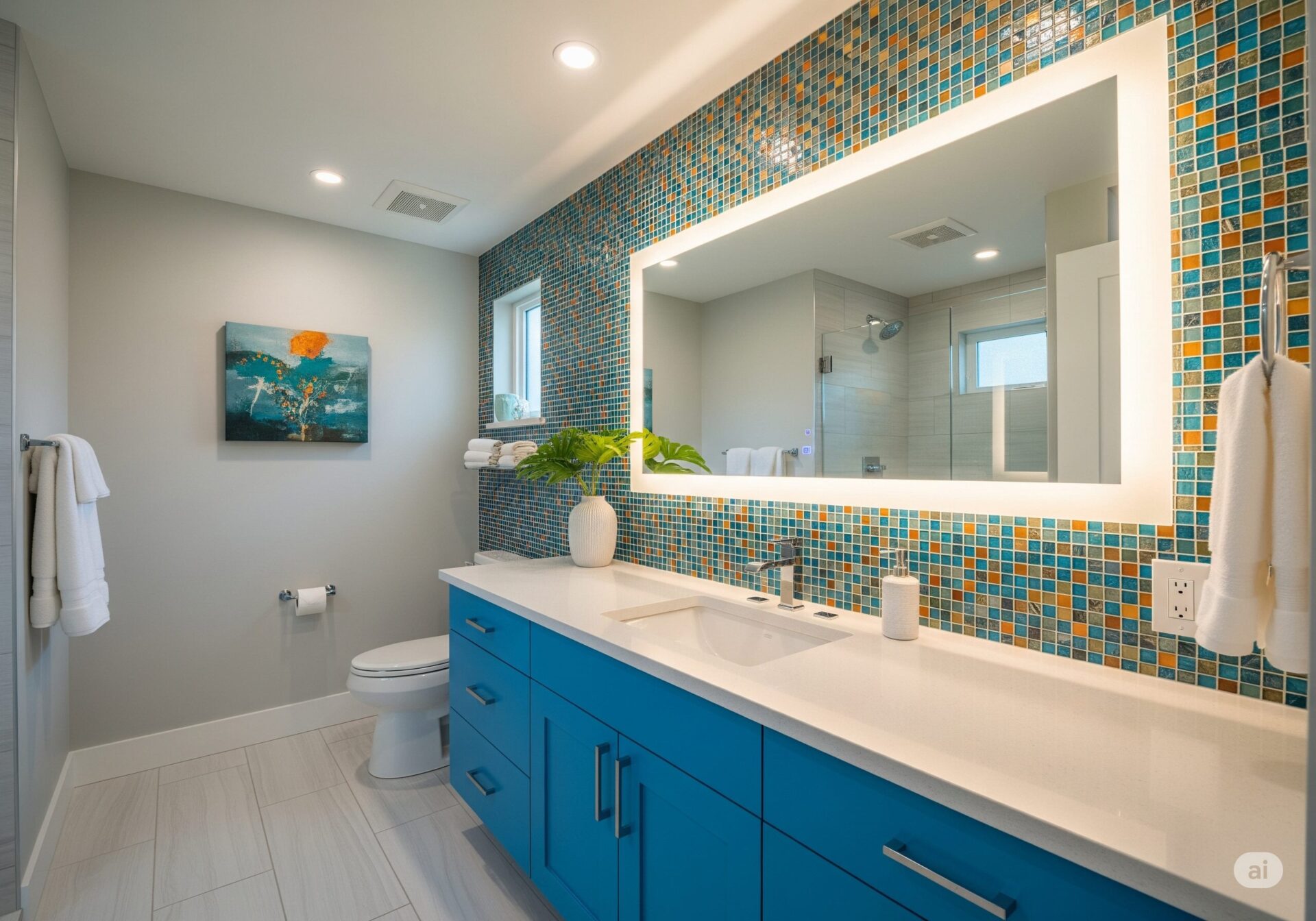 A modern bathroom with a blue vanity and colorful backsplash.