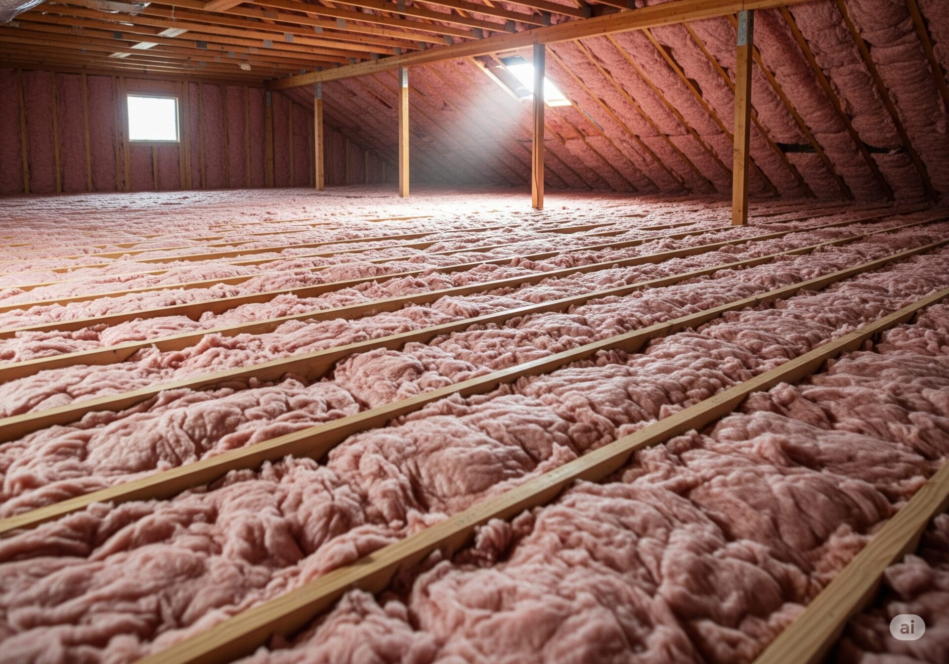 Blown-in pink insulation in an attic.